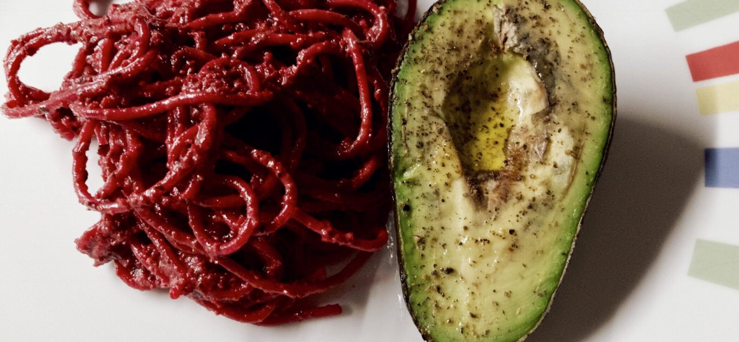 Linguine with Beetroot Pesto and Roasted Avocado
